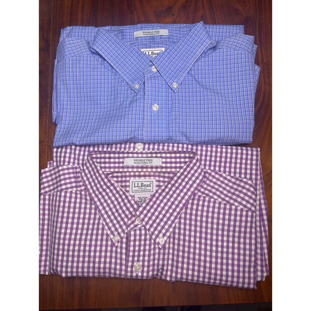 LL Bean Men's LS Button Up Purple Check & Blue Check‎  Sz 17 1/2-35 (set of 2)